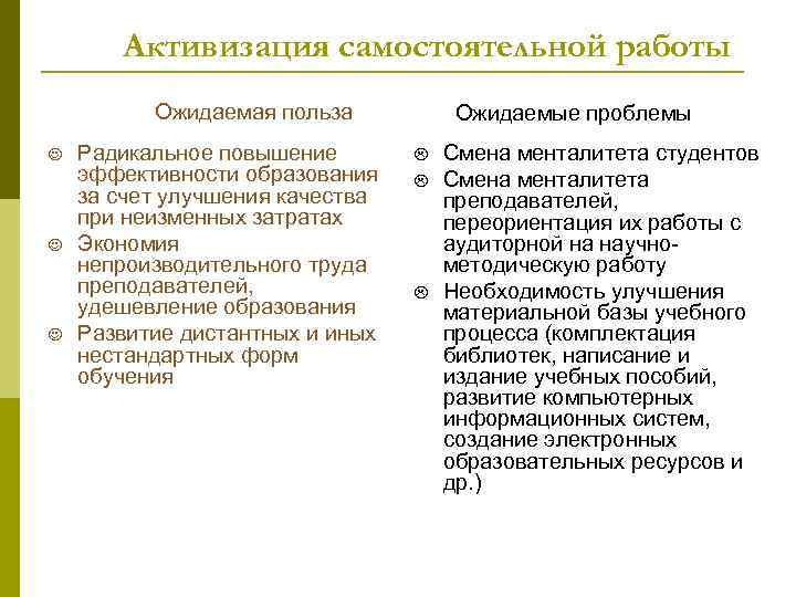 Активизация самостоятельной работы Ожидаемая польза J J J Радикальное повышение эффективности образования за счет