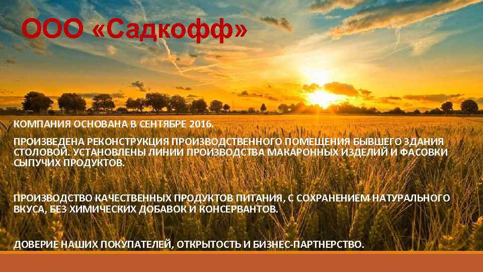 ООО «Садкофф» КОМПАНИЯ ОСНОВАНА В СЕНТЯБРЕ 2016. ПРОИЗВЕДЕНА РЕКОНСТРУКЦИЯ ПРОИЗВОДСТВЕННОГО ПОМЕЩЕНИЯ БЫВШЕГО ЗДАНИЯ СТОЛОВОЙ.