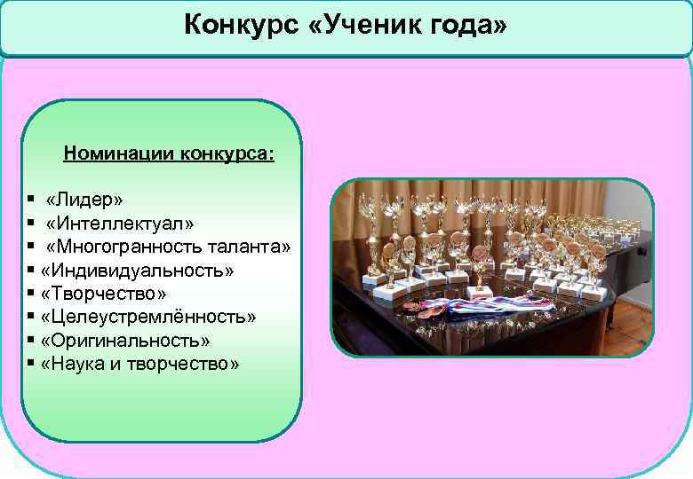 Конкурс «Ученик года» Номинации конкурса: § «Лидер» § «Интеллектуал» § «Многогранность таланта» § «Индивидуальность»