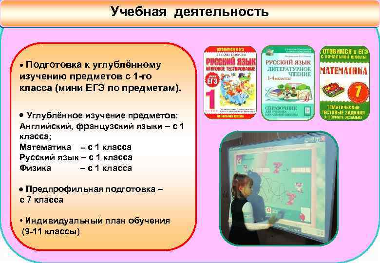 Учебная деятельность Подготовка к углублённому изучению предметов с 1 -го класса (мини ЕГЭ по