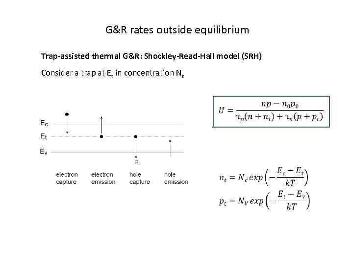 G&R rates outside equilibrium Trap-assisted thermal G&R: Shockley-Read-Hall model (SRH) Consider a trap at