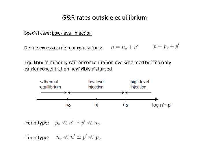 G&R rates outside equilibrium Special case: Low-level Injection Define excess carrier concentrations: Equilibrium minority