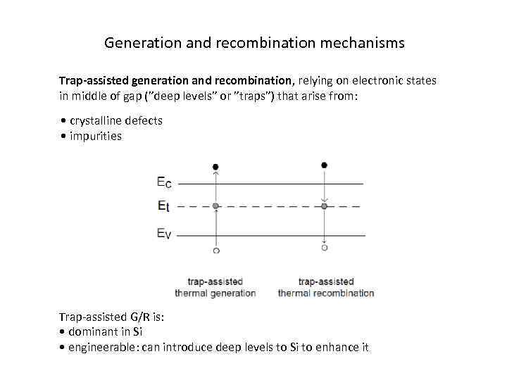 Generation and recombination mechanisms Trap-assisted generation and recombination, relying on electronic states in middle