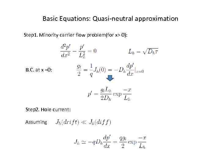 Basic Equations: Quasi-neutral approximation Step 1. Minority carrier flow problem(for x> 0): B. C.