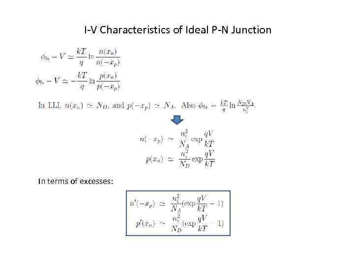 I-V Characteristics of Ideal P-N Junction In terms of excesses: 