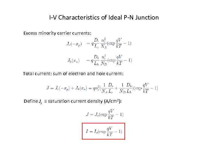 I-V Characteristics of Ideal P-N Junction Excess minority carrier currents: Total current: sum of