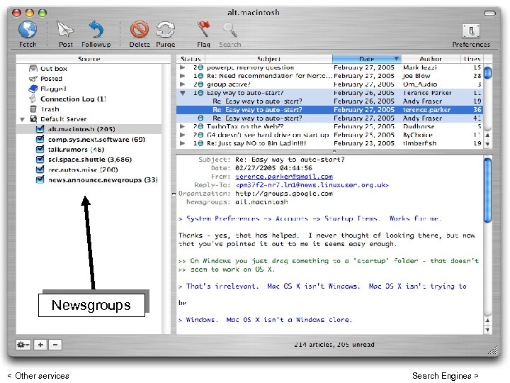 Newsgroups < Other services Search Engines > 