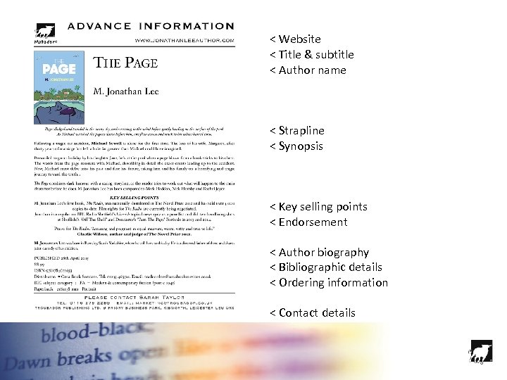  < Website < Title & subtitle < Author name < Strapline < Synopsis