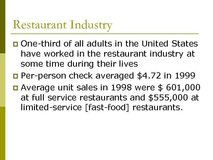 Restaurant Industry One-third of all adults in the United States have worked in the