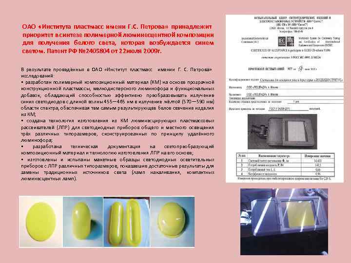 ОАО «Института пластмасс имени Г. С. Петрова» принадлежит приоритет в синтезе полимерной люминесцентной композиции