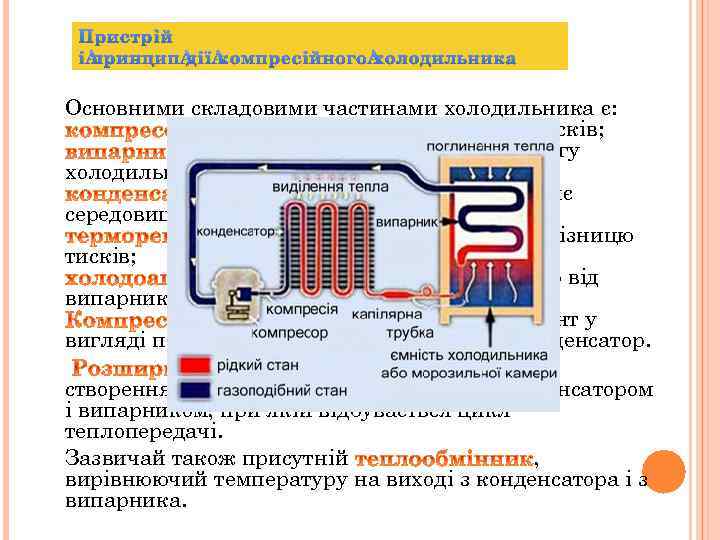 Пристрій і принцип дії компресійного холодильника Основними складовими частинами холодильника є: , що створює