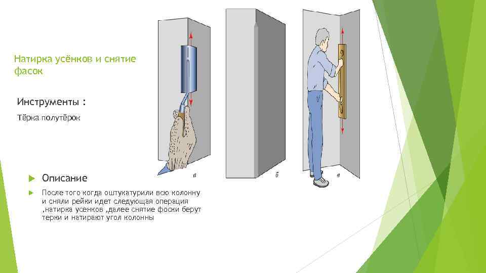 Натирка усёнков и снятие фасок Инструменты : Тёрка полутёрок Описание После того когда оштукатурили