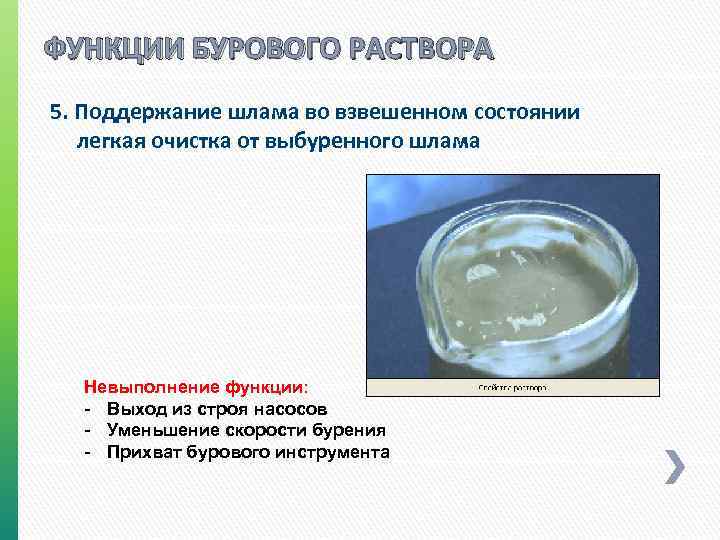 ФУНКЦИИ БУРОВОГО РАСТВОРА 5. Поддержание шлама во взвешенном состоянии легкая очистка от выбуренного шлама