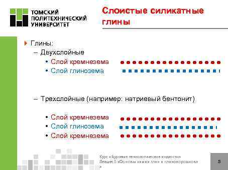 Слоистые силикатные глины 4 Глины: – Двухслойные • Слой кремнезема • Слой глинозема –