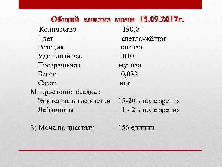 Количество Цвет Реакция Удельный вес Прозрачность Белок Сахар Микроскопия осадка : Эпителиальные клетки Лейкоциты