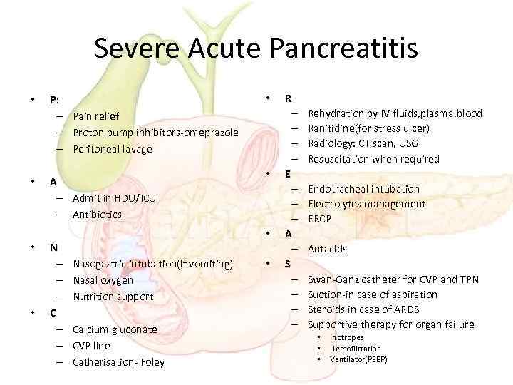 Severe Acute Pancreatitis • • P: – Pain relief – Proton pump inhibitors-omeprazole –