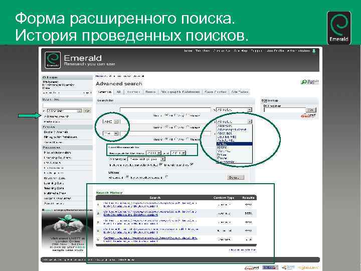 Форма расширенного поиска. История проведенных поисков. 