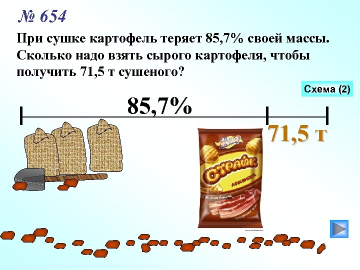 № 654 При сушке картофель теряет 85, 7% своей массы. Сколько надо взять сырого