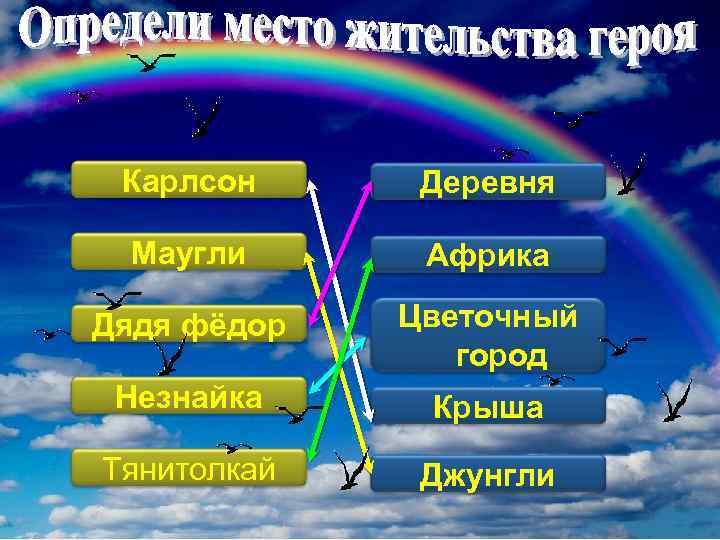 Карлсон Деревня Маугли Африка Дядя фёдор Цветочный город Незнайка Крыша Тянитолкай Джунгли 