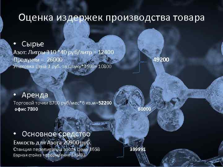Оценка издержек производства товара • Сырье Азот: Литры 310 *40 руб/литр = 12400 Продукты