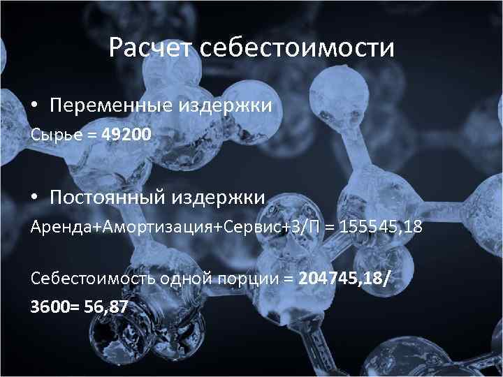 Расчет себестоимости • Переменные издержки Сырье = 49200 • Постоянный издержки Аренда+Амортизация+Сервис+З/П = 155545,