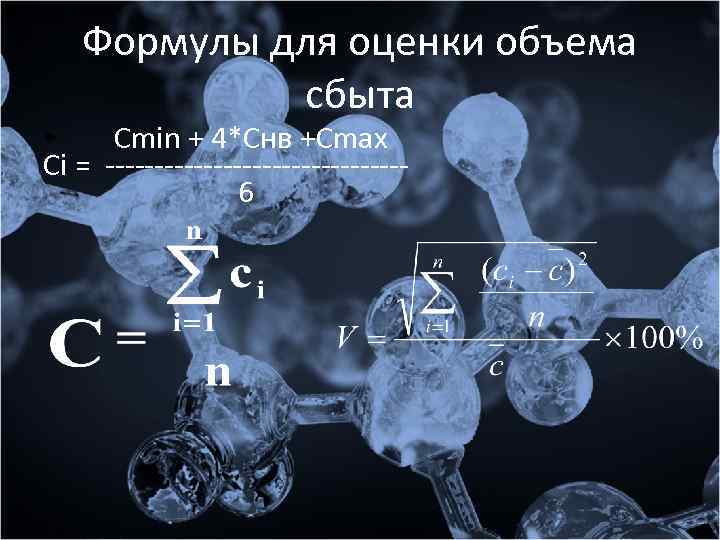Формулы для оценки объема сбыта • Cmin + 4*Cнв +Сmax Сi = --------------- 6