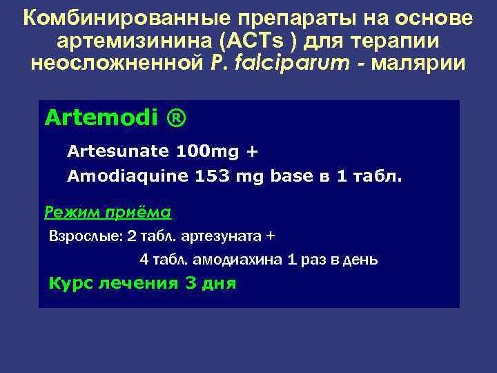 Комбинированные препараты на основе артемизинина (ACTs ) для терапии неосложненной Р. falciparum - малярии