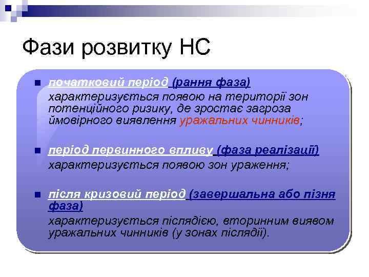 Фази розвитку НС n початковий період (рання фаза) характеризується появою на території зон потенційного