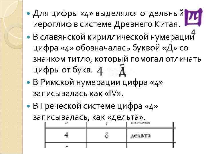  Для цифры « 4» выделялся отдельный иероглиф в системе Древнего Китая. В славянской