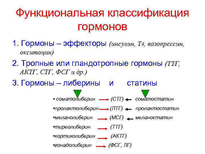 Функциональная классификация гормонов 1. Гормоны – эффекторы (инсулин, Т 4, вазопрессин, окситоцин) 2. Тропные