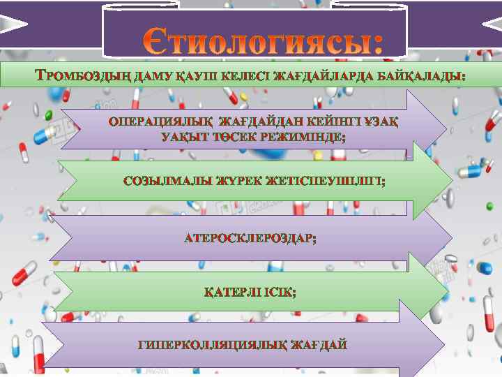 ТРОМБОЗДЫҢ ДАМУ ҚАУПІ КЕЛЕСІ ЖАҒДАЙЛАРДА БАЙҚАЛАДЫ: ОПЕРАЦИЯЛЫҚ ЖАҒДАЙДАН КЕЙІНГІ ҰЗАҚ УАҚЫТ ТӨСЕК РЕЖИМІНДЕ; СОЗЫЛМАЛЫ