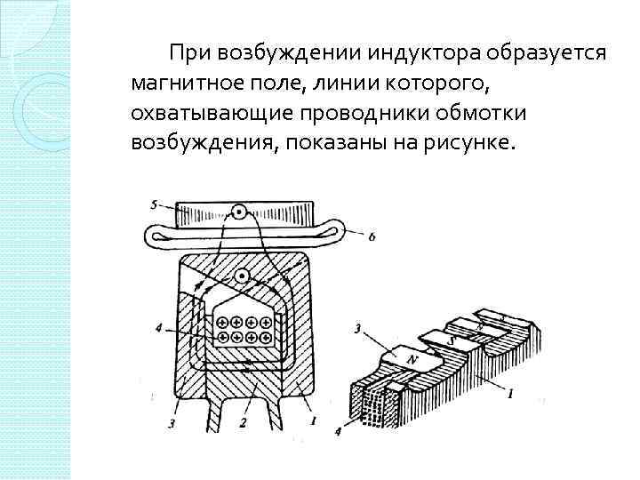 При возбуждении индуктора образуется магнитное поле, линии которого, охватывающие проводники обмотки возбуждения, показаны на