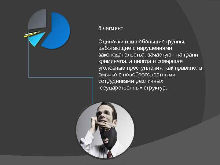 5 сегмент Одиночки или небольшие группы, работающие с нарушениями законодательства, зачастую - на грани