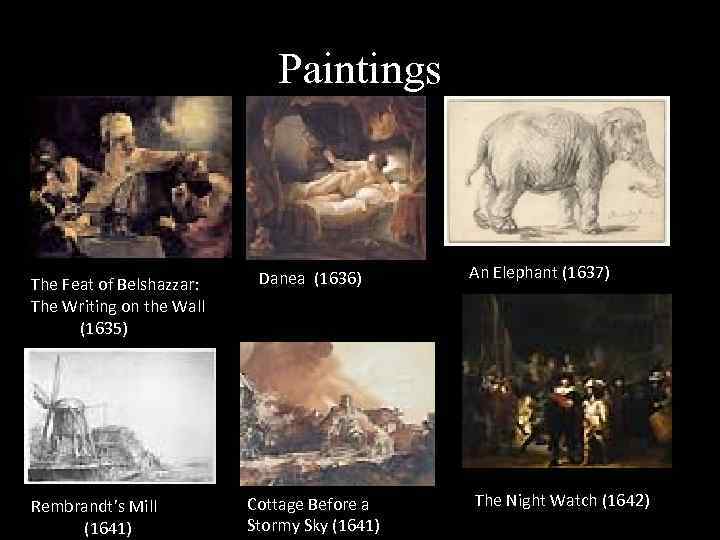 Paintings The Feat of Belshazzar: The Writing on the Wall (1635) Rembrandt’s Mill (1641)