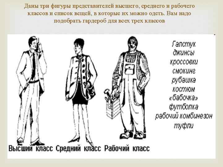 Даны три фигуры представителей высшего, среднего и рабочего классов и список вещей, в которые