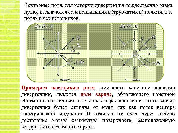 Векторные поля, для которых дивергенция тождественно равна нулю, называются соленоидальными (трубчатыми) полями, т. е.