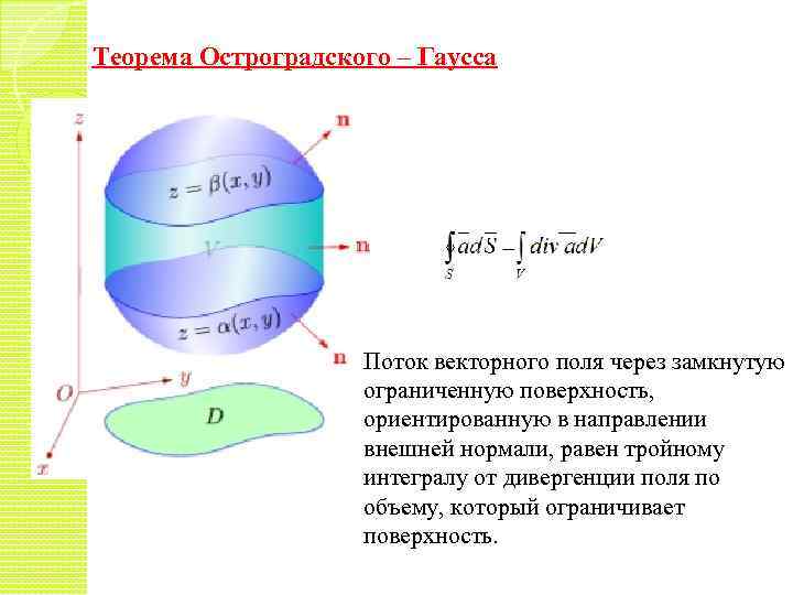 Теорема Остроградского – Гаусса Поток векторного поля через замкнутую ограниченную поверхность, ориентированную в направлении