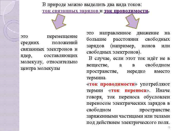 В природе можно выделить два вида токов: ток связанных зарядов и ток проводимости. это