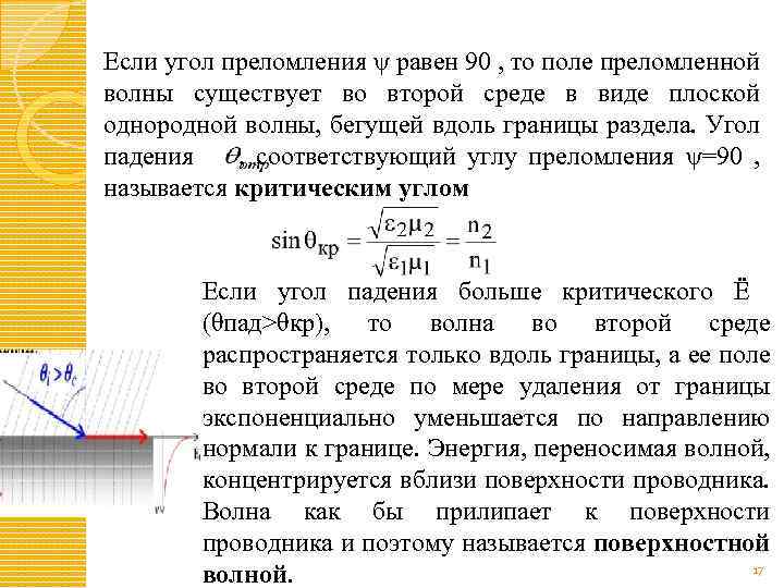 Если угол преломления ψ равен 90 , то поле преломленной волны существует во второй