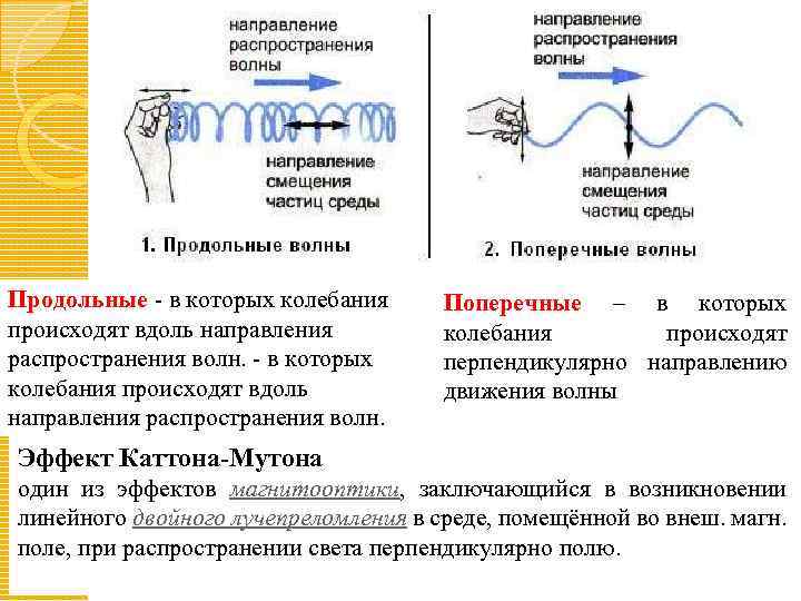 Продольные - в которых колебания происходят вдоль направления распространения волн. Поперечные – в которых