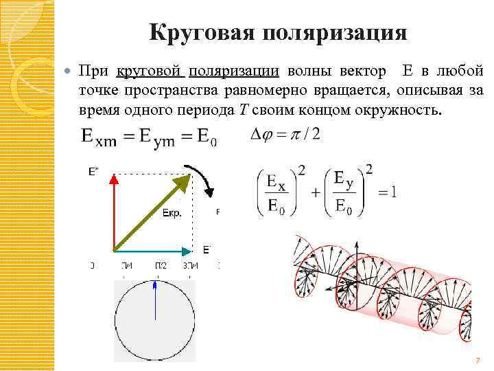 Круговая поляризация При круговой поляризации волны вектор Е в любой точке пространства равномерно вращается,