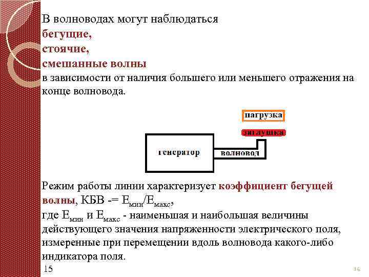 В волноводах могут наблюдаться бегущие, стоячие, смешанные волны в зависимости от наличия большего или