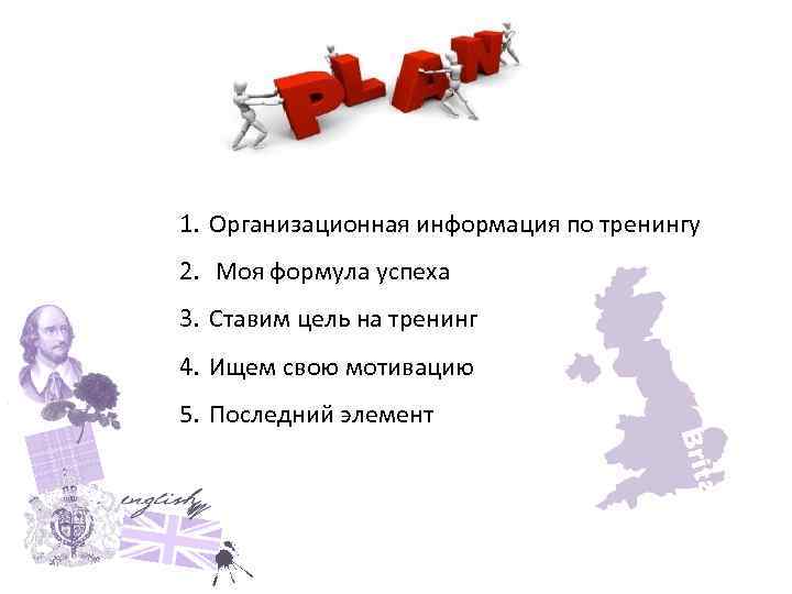 1. Организационная информация по тренингу 2. Моя формула успеха 3. Ставим цель на тренинг