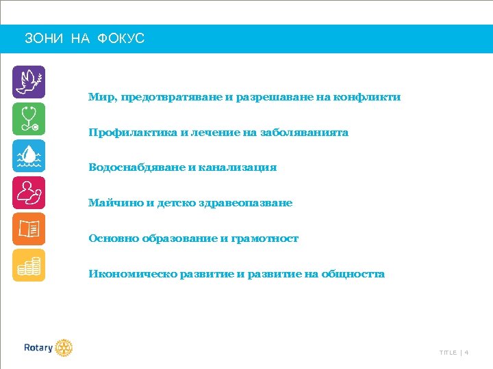 ЗОНИ НА ФОКУС Мир, предотвратяване и разрешаване на конфликти Профилактика и лечение на заболяванията