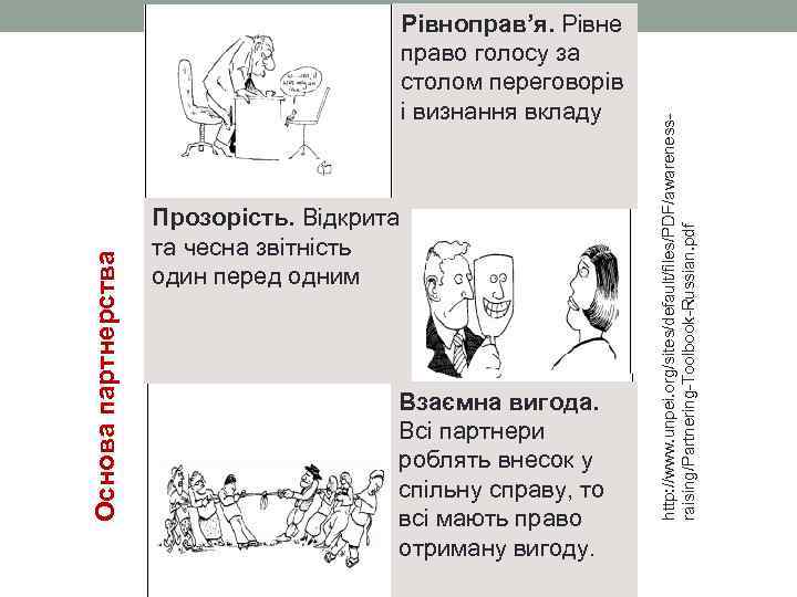 Прозорість. Відкрита та чесна звітність один перед одним Взаємна вигода. Всі партнери роблять внесок