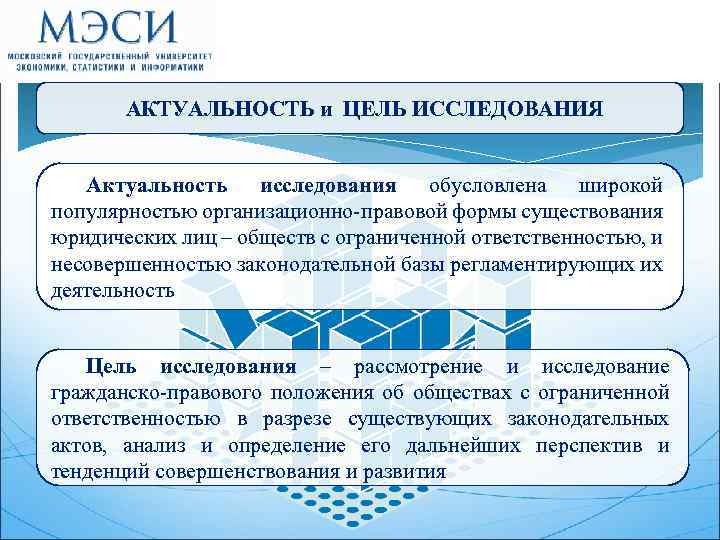АКТУАЛЬНОСТЬ и ЦЕЛЬ ИССЛЕДОВАНИЯ Актуальность исследования обусловлена широкой популярностью организационно-правовой формы существования юридических лиц