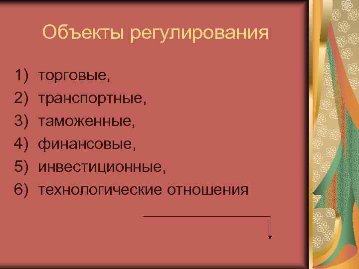 Объекты регулирования 1) 2) 3) 4) 5) 6) торговые, транспортные, таможенные, финансовые, инвестиционные, технологические