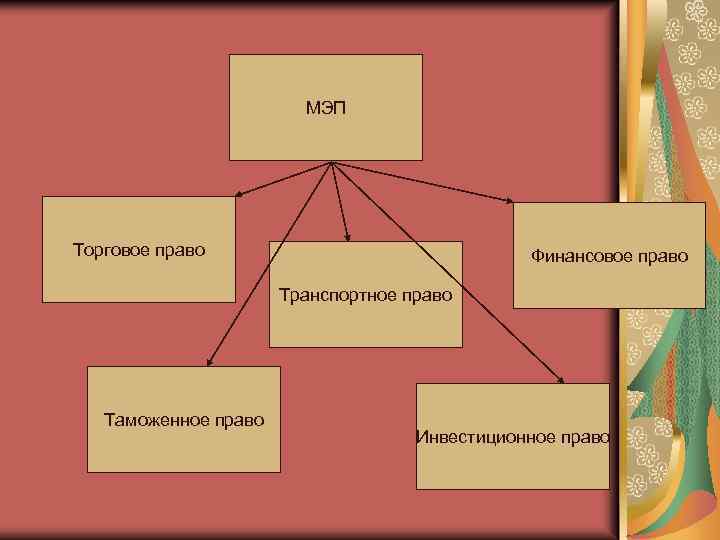 МЭП Торговое право Финансовое право Транспортное право Таможенное право Инвестиционное право 