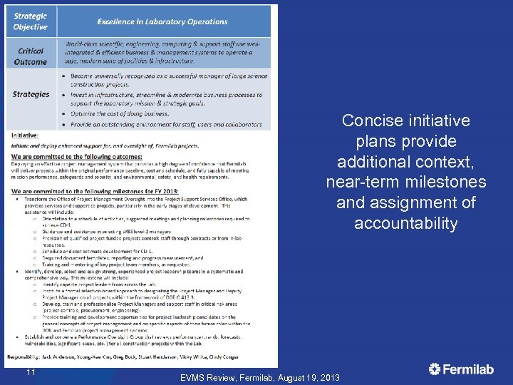 Concise initiative plans provide additional context, near-term milestones and assignment of accountability 11 EVMS