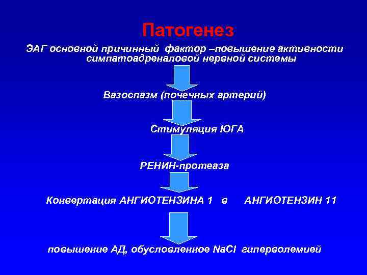 Патогенез ЭАГ основной причинный фактор –повышение активности симпатоадреналовой нервной системы Вазоспазм (почечных артерий) Стимуляция